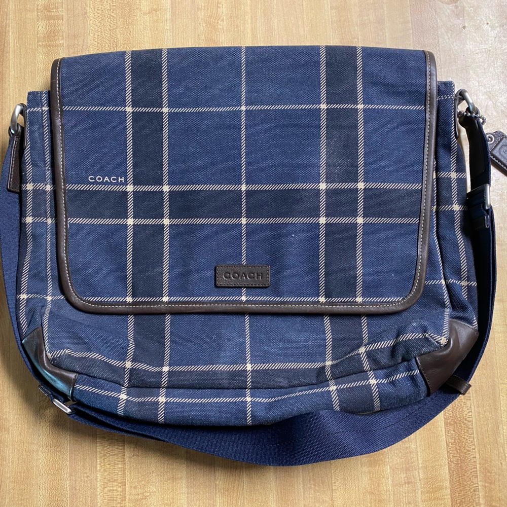Coach men’s blue plaid messenger bag